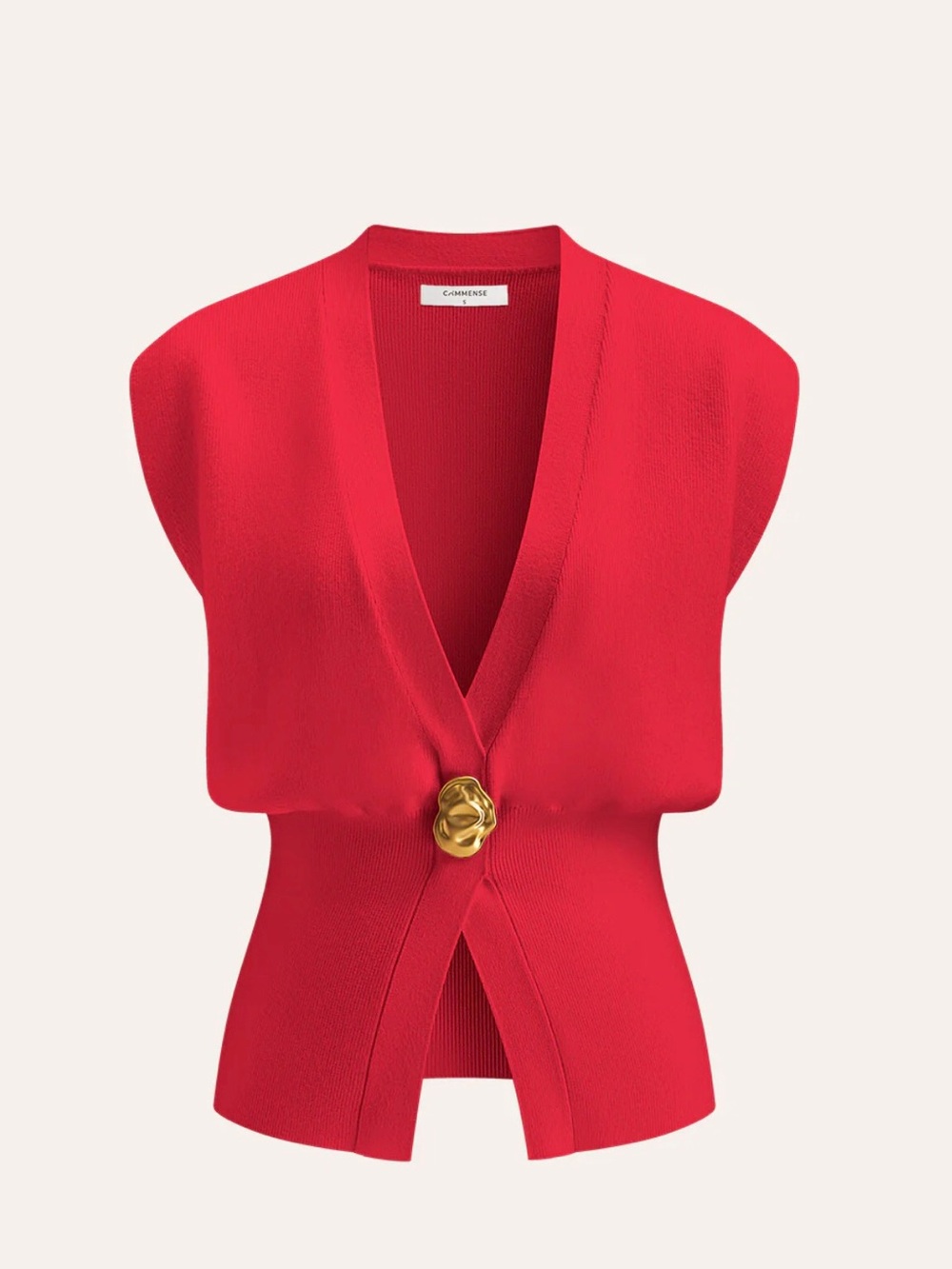Commense Red Sleeveless V-Neck Knit Top with Gold Accent